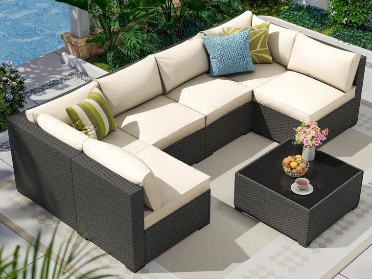 7-Piece Wicker Patio Sectional by Olimix in Coffee/Beige